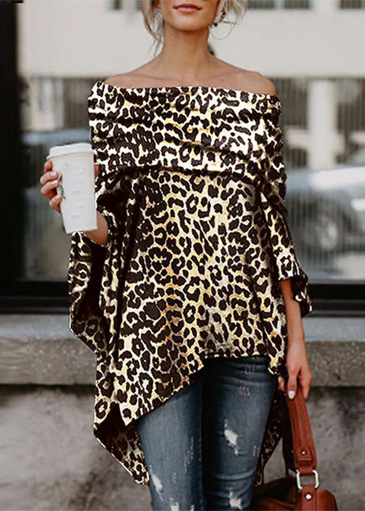 Slash Neck Asymmetrical Design Off the Shoulder Leopard Print Top Summer