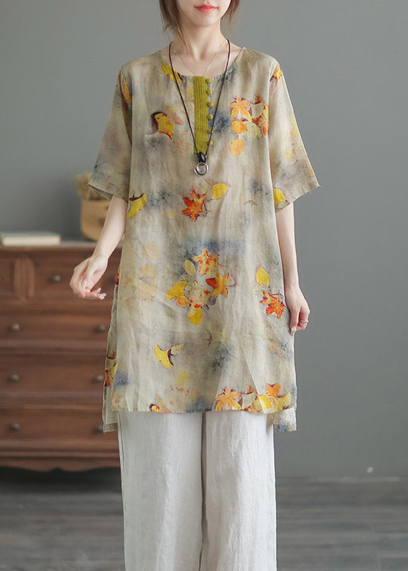 Yellow O-neck Print Button Side Open Linen Tops Half Sleeve