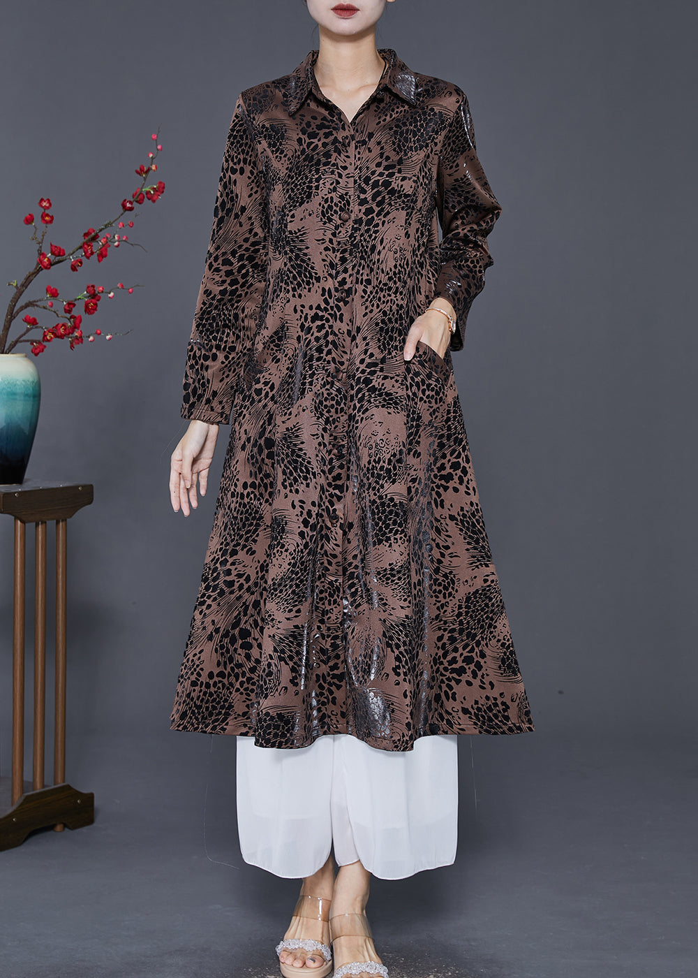 Brown Print Cotton a Line Dress Peter Pan Collar Spring