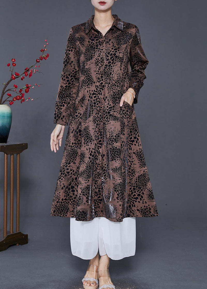 Brown Print Cotton a Line Dress Peter Pan Collar Spring