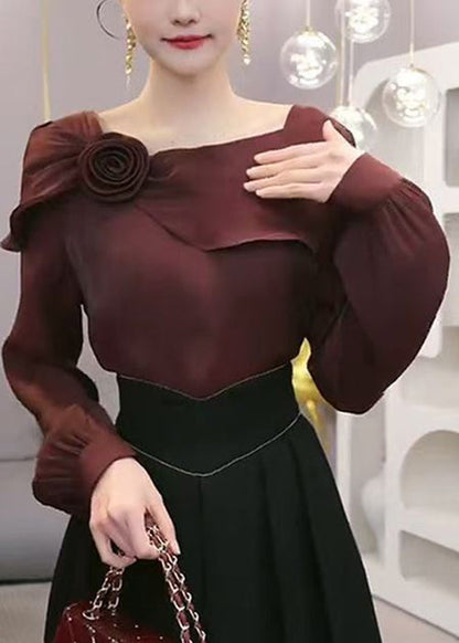 Stylish Wine Red Ruffled Chiffon Blouses Spring