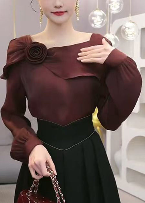 Stylish Wine Red Ruffled Chiffon Blouses Spring