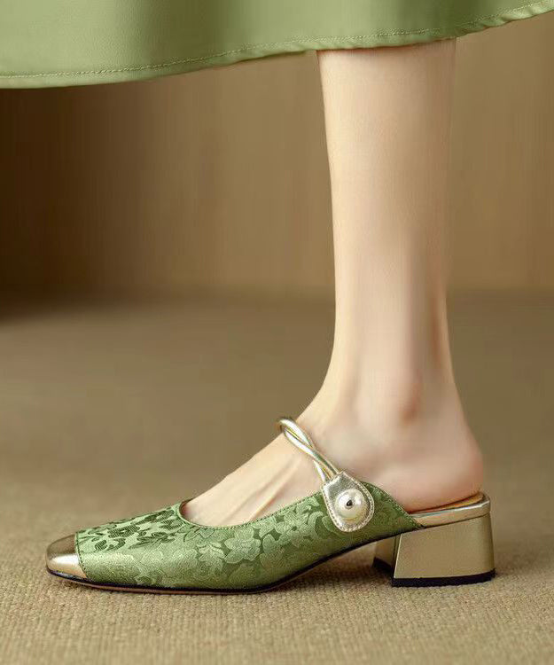 Green Print Chunky Cowhide Leather Slide Sandals