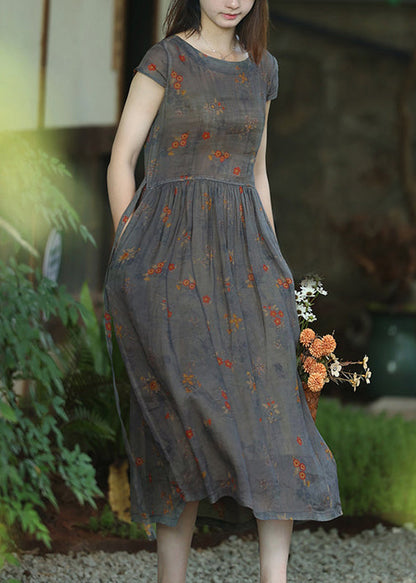 Grey Print Lace Up Pockets Linen Dresses Summer