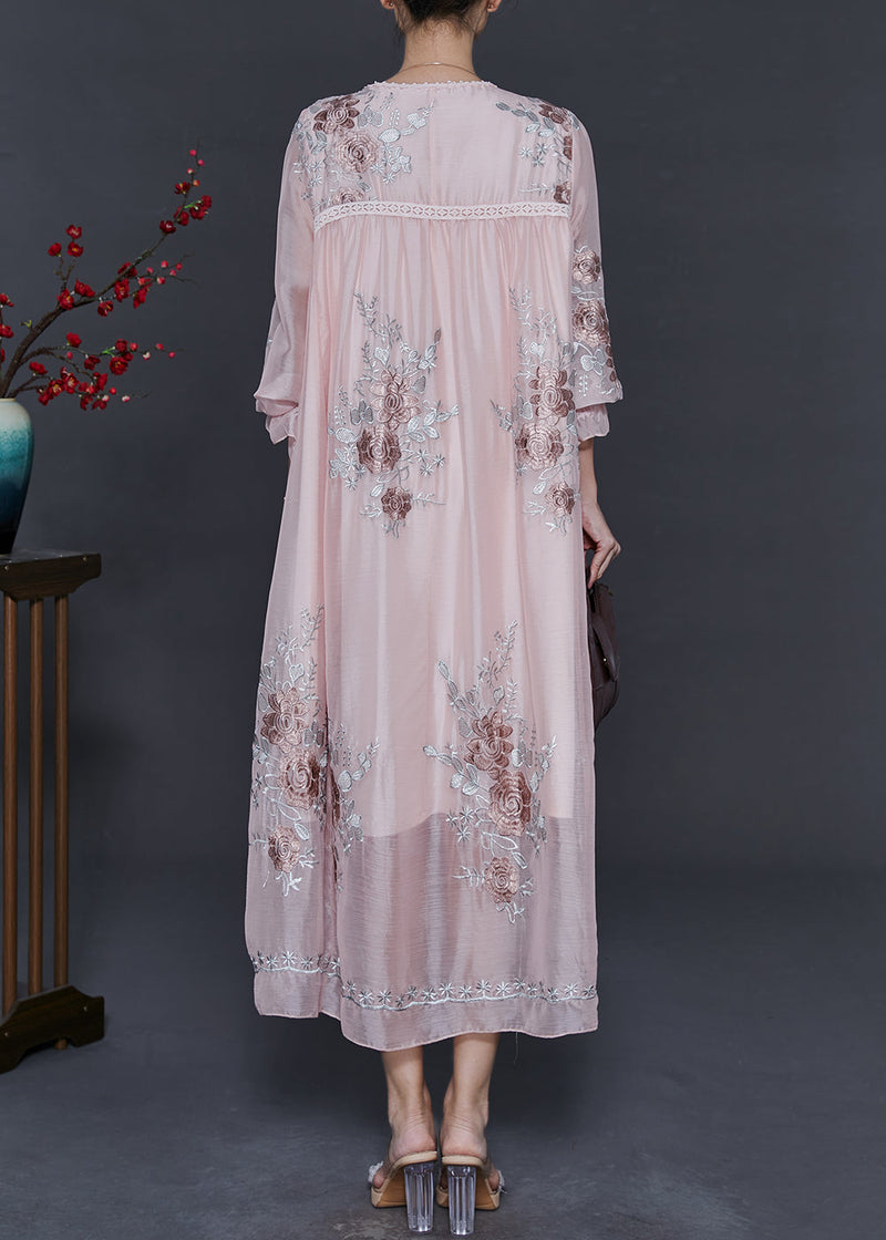 Light Pink Embroidered Silk Holiday Dress Fall