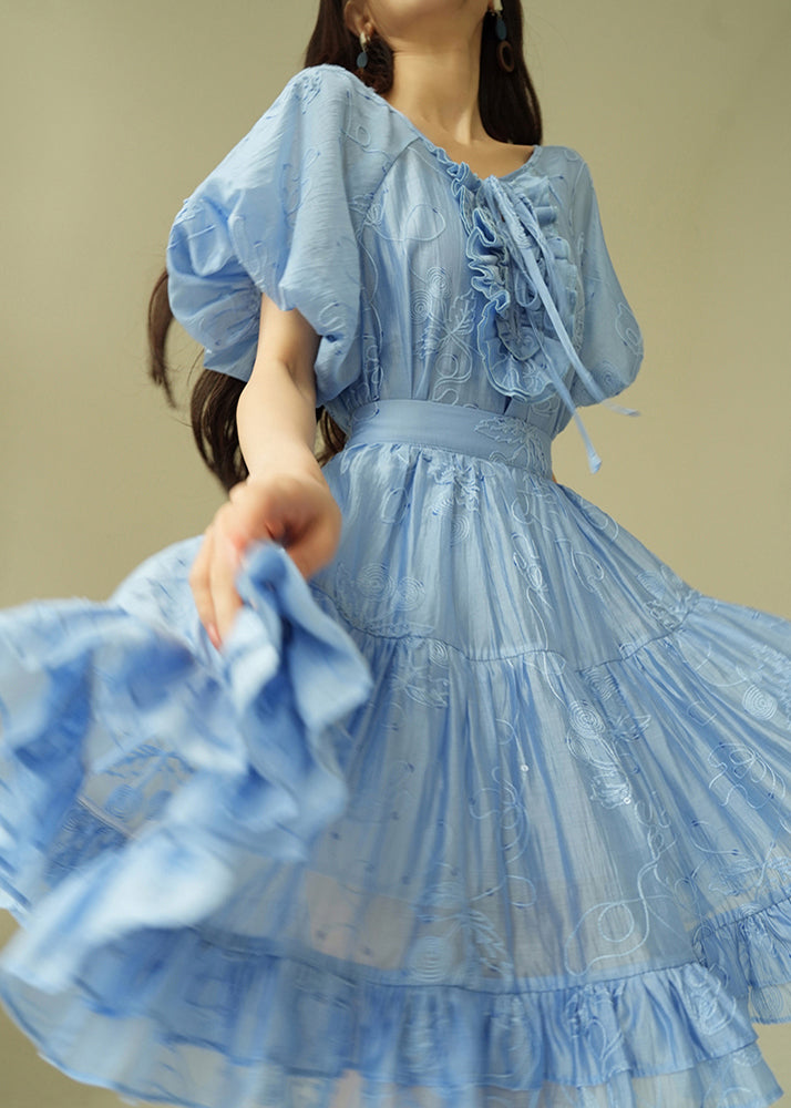 Blue Ruffled Shirts and Skirts Silk Cotton Summer Two Pieces Set Embroidered