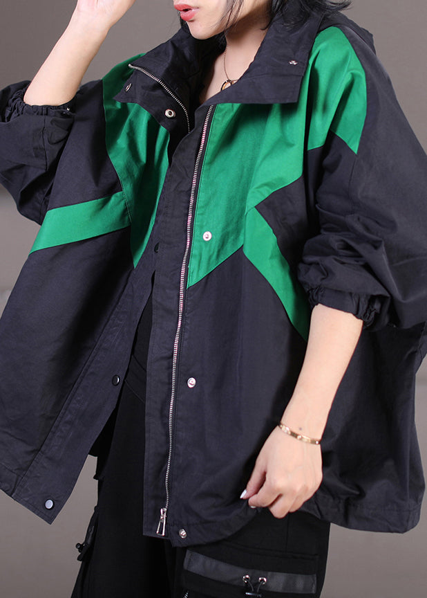 Black Drawstring Patchwork Zippered Button Hooded Trench Coats Fall
