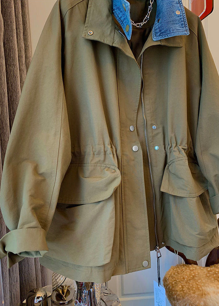 Fitted Khaki Peter Pan Collar Patchwork Button Jackets Long Sleeve Fall