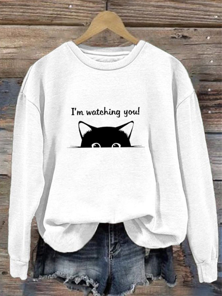 I'm Watching You! Black Cat Print Sweatshirt elevenforest