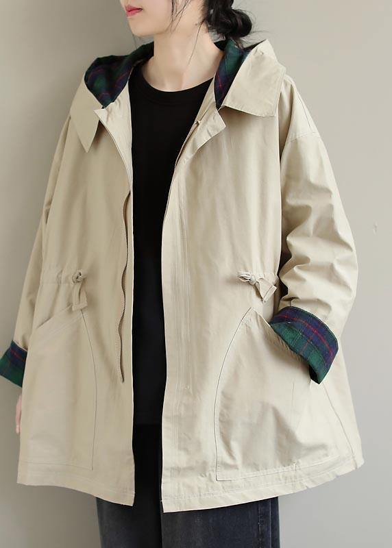 Khaki Long Coats Hoodie Zip Up Spring Coat