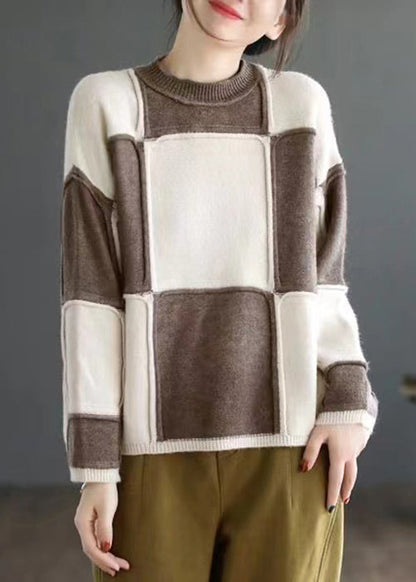 Yellow O-neck Patchwork Knit Top Long Sleeve