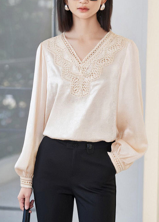Fine Apricot V Neck Lace Patchwork Silk Tops Fall