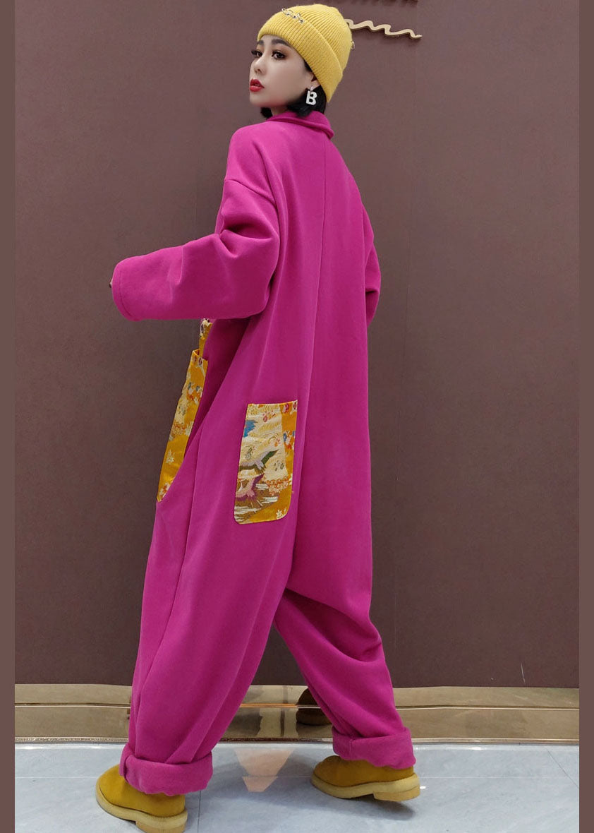 Natural Red Peter Pan Collar Pockets Patchwork Warm Fleece Jumpsuit Spring