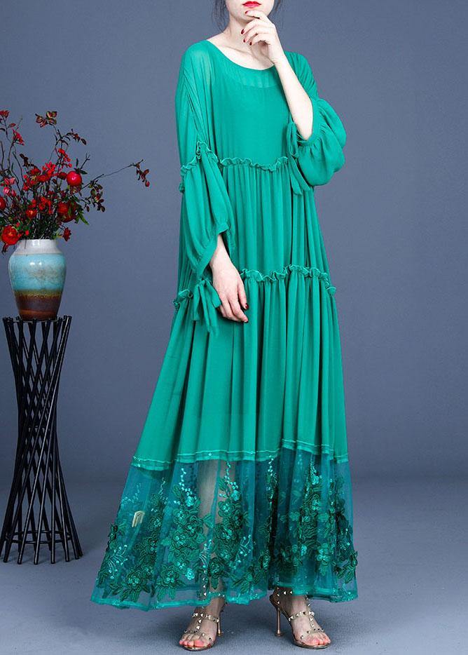 Simple Green Patchwork Lace Embroideried Hollow Out Summer Dress