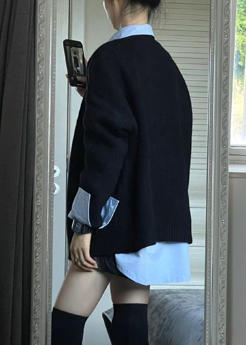 Simple Black V Neck Knit Cardigans and Blue Shirts Two Piece Set Fall