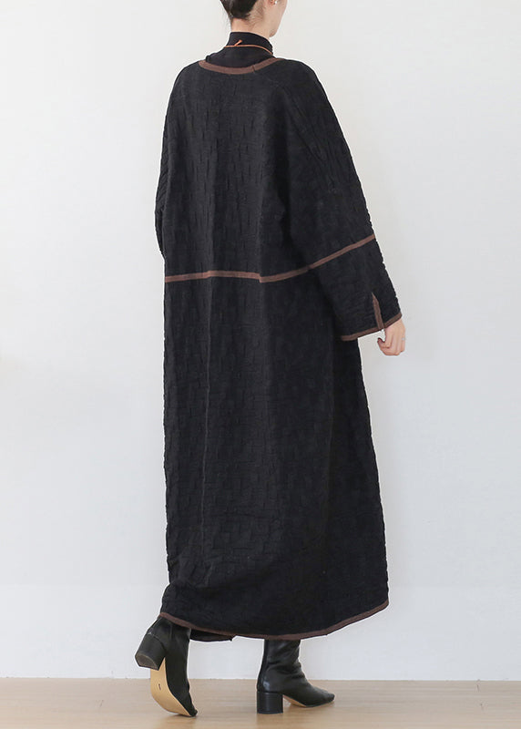 Black V Neck Patchwork Woolen Trench Coats Long Sleeve