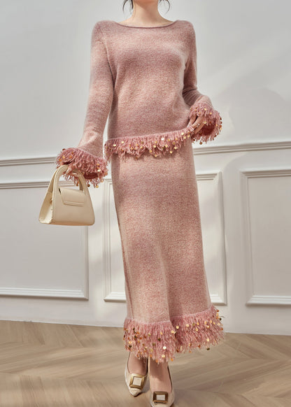 Pink Tasseled Sequins Knit Two Pieces Set Flare Sleeve
