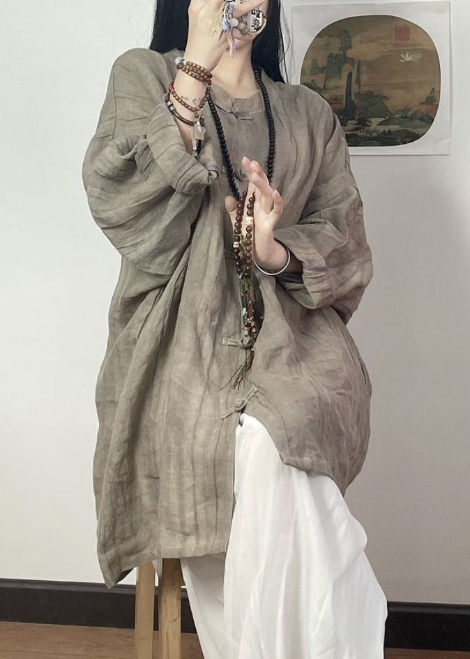 Grey Brown Stand Collar Chinese Button Linen Shirt Top Fall