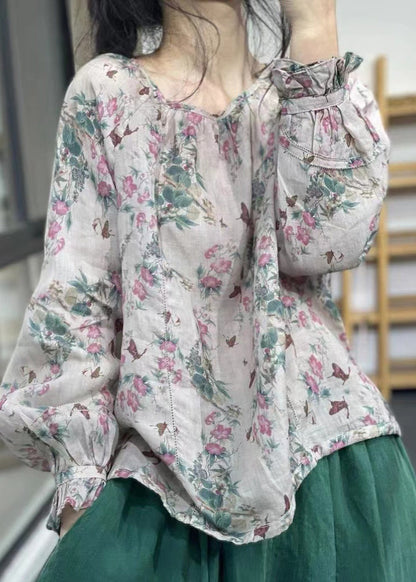 O-neck Print Linen Top Long Sleeve