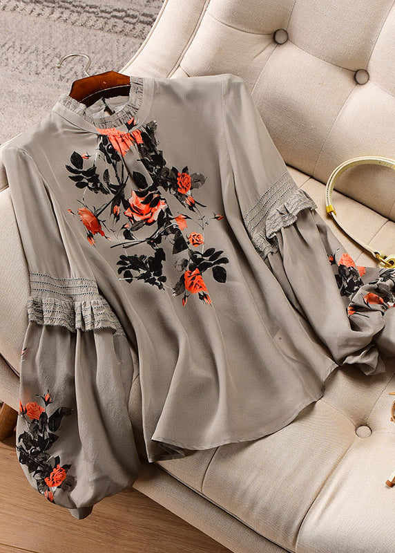 Fine Stand Collar Print Ruffles Chiffon Tops Bottoming Shirt Spring