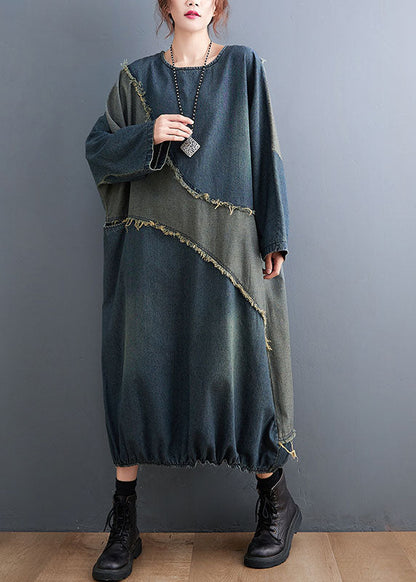 O-neck Drawstring Patchwork Denim Maxi Dresses Fall