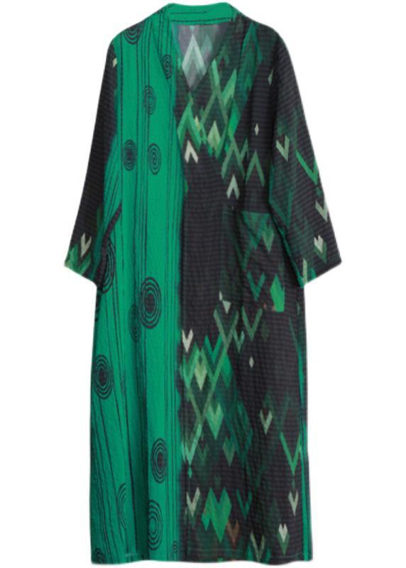 French Green Print Long Summer Dresses