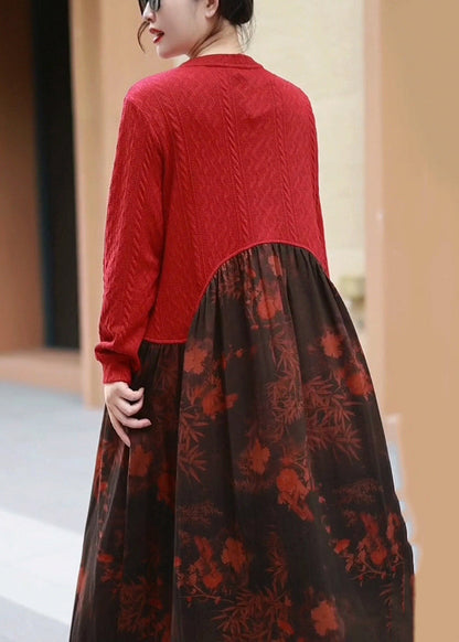 New Red O Neck Print Patchwork Cotton Long Dress Winter