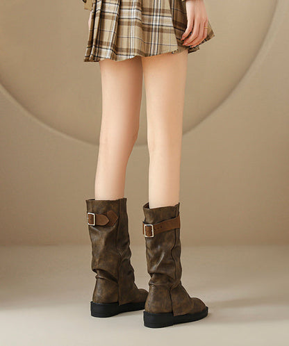 Brown Cowhide Leather Wrinkled Splicing Platform Boots
