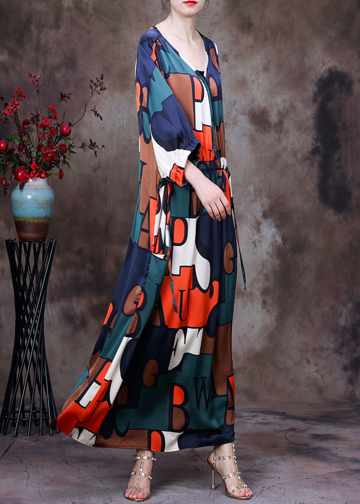 Colorblock V Neck Drawstring Letter Print Chiffon Long Dresses Summer