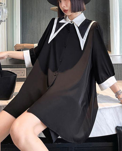 Black Patchwork Cotton Button Summer Robe Dresses