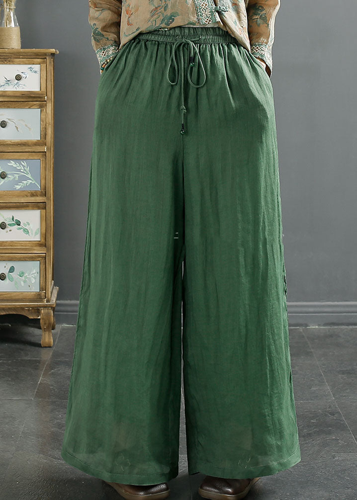 Green Pockets Elastic Waist Ramie Wide Leg Pants Summer