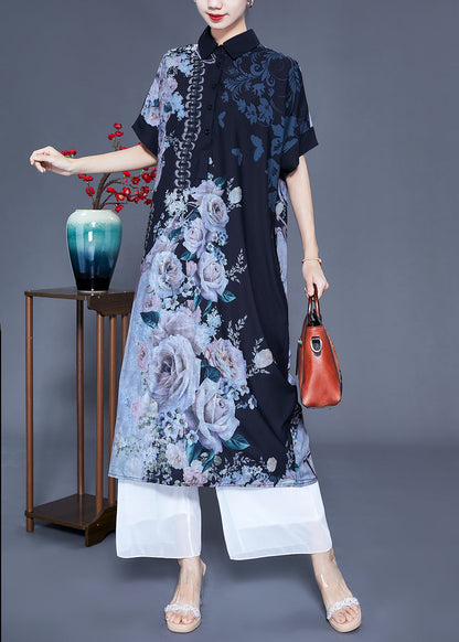 Black Peter Pan Collar Print Draping Silk Shirt Dress Summer