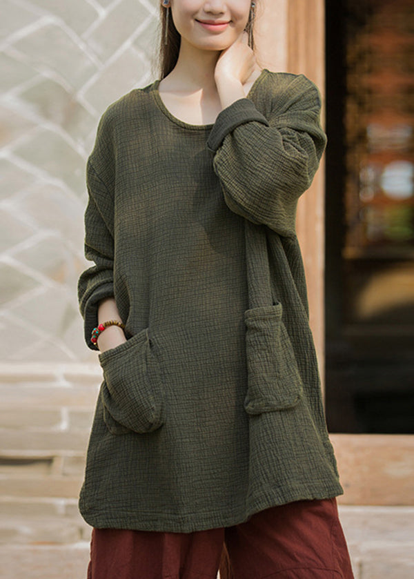 Green O Neck Pockets Cotton T Shirt Top Spring