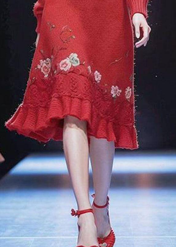 Vogue Red Turtleneck Sashes Cotton Knit Long Sweater Dress Winter