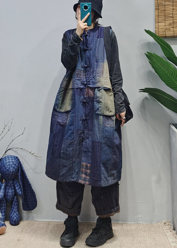 Colorblock Stand Collar Pocket Patchwork Cotton Vest Sleeveless