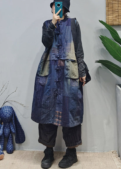 Colorblock Stand Collar Pocket Patchwork Cotton Vest Sleeveless