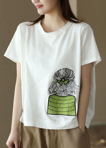 White O-neck Embroideried Patchwork Cotton Top Summer