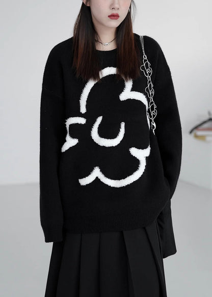 Loose Black O-neck Cozy Knit Sweaters Winter