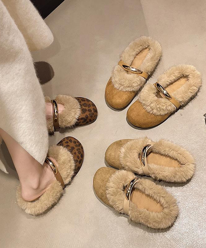 Leopard Slippers Shoes Splicing Fuzzy Wool Lined