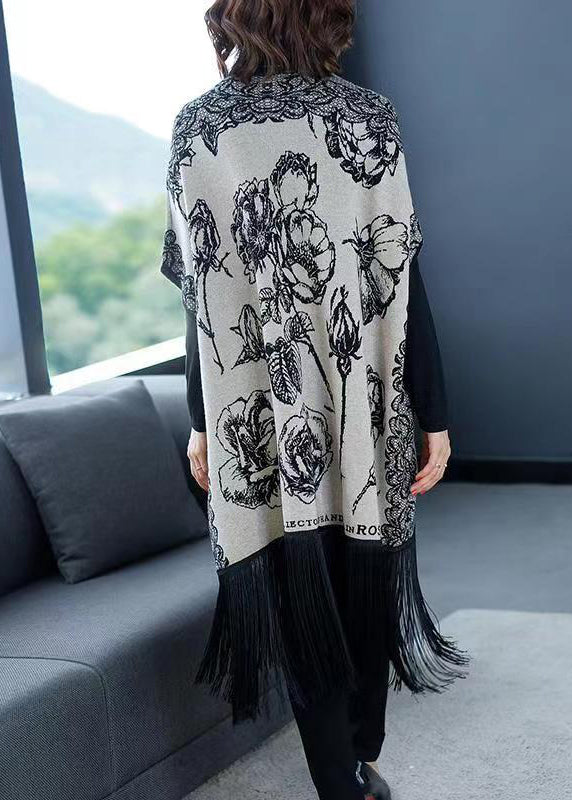 Grey V Neck Tasseled Print Patchwork Knit Coats Fall