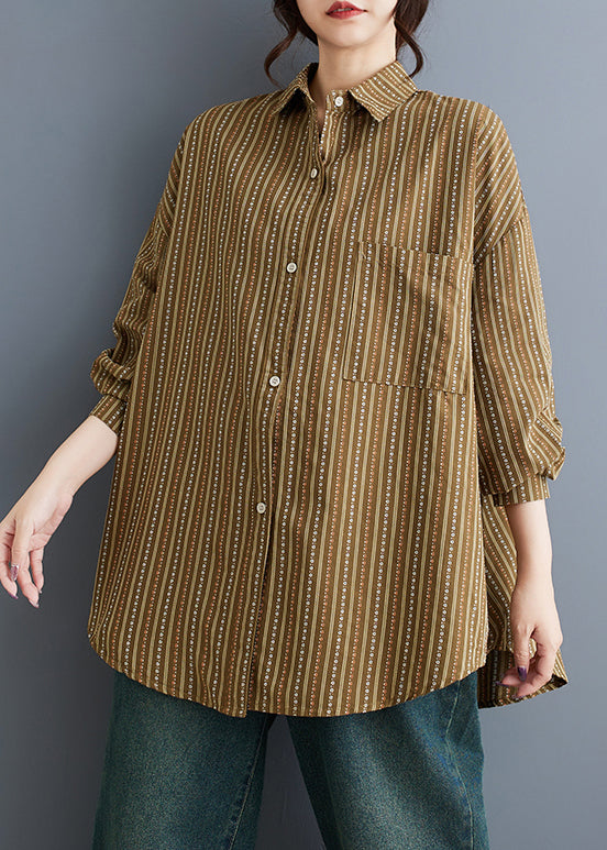 Khaki Peter Pan Collar Striped Cotton Shirts Spring