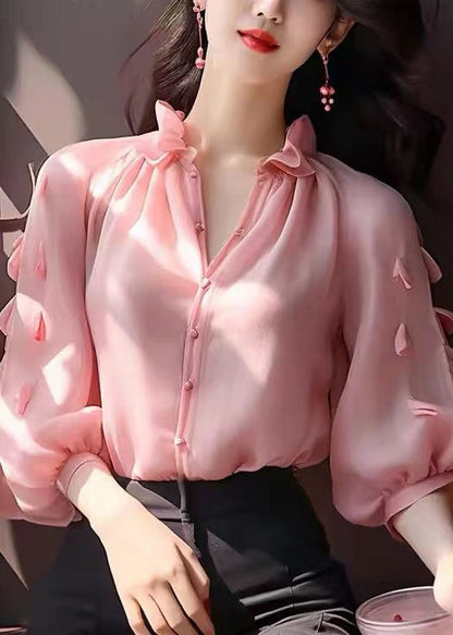 Pink Ruffled Button Chiffon Shirt Bracelet Sleeve