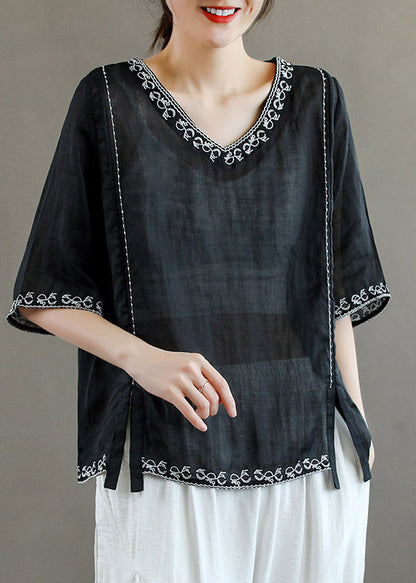 Stylish Purple V Neck Embroideried Linen T Shirt Half Sleeve
