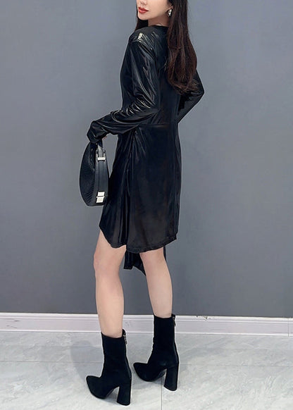 Black Wrinkled Cotton Mid Dress V Neck Spring