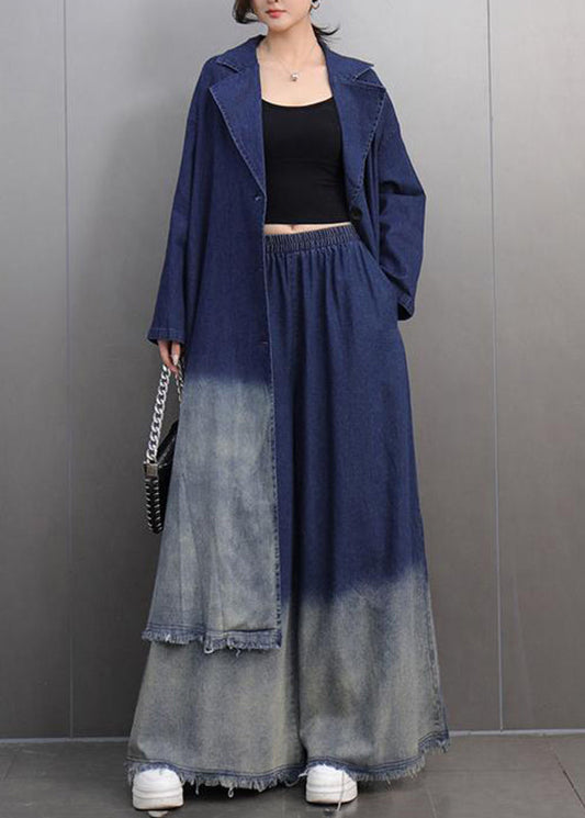 Gradient Color Denim Blue Long Coats and Wide Leg Pants Two Piece Set Spring