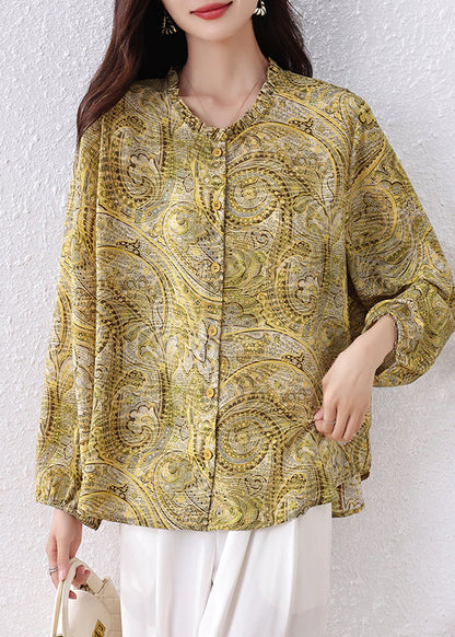 Yellow Ruffled Print Chiffon Shirt Top Fall