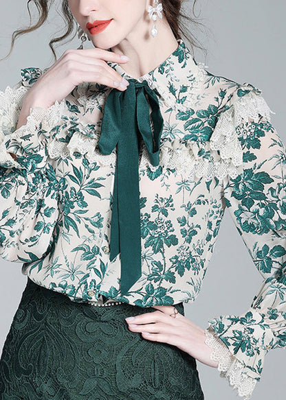 Green Peter Pan Collar Print Button Silk Shirt Long Sleeve