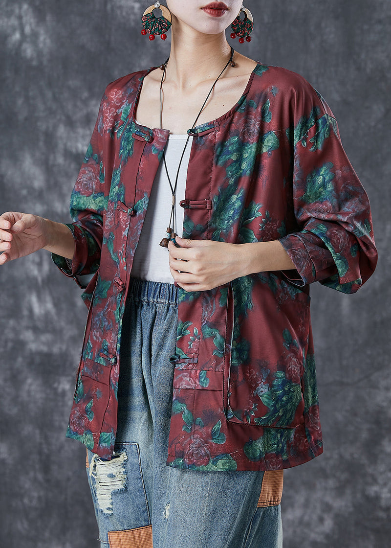 Mulberry Chinese Button Print Cotton Shirt Top Fall