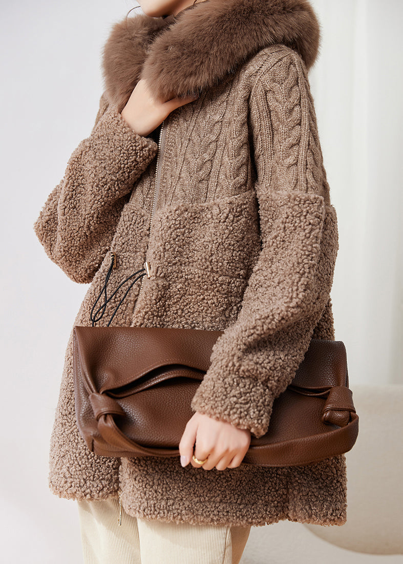 New Coffee Knitted Patchwork Faux Fur Thick Hooded Coats Winter