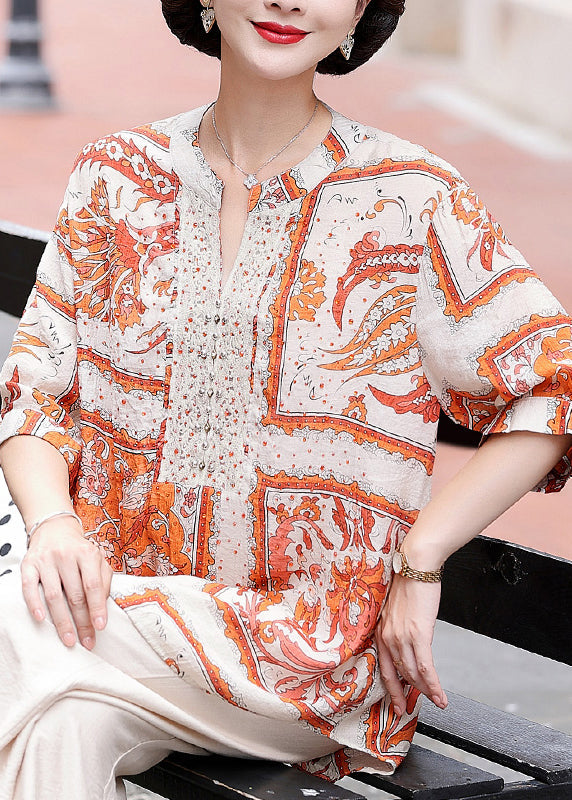 Orange V Neck Print Chiffon Shirt Top Summer